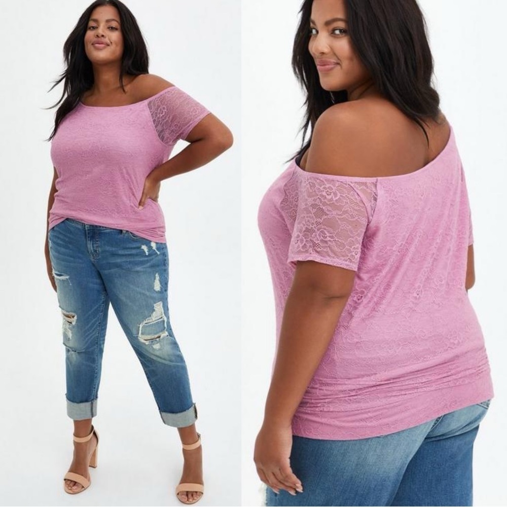 Torrid‎ Off Shoulder Knit Lace Sleeve Tee Size 2X Pink Floral Bohemian 2021 Top